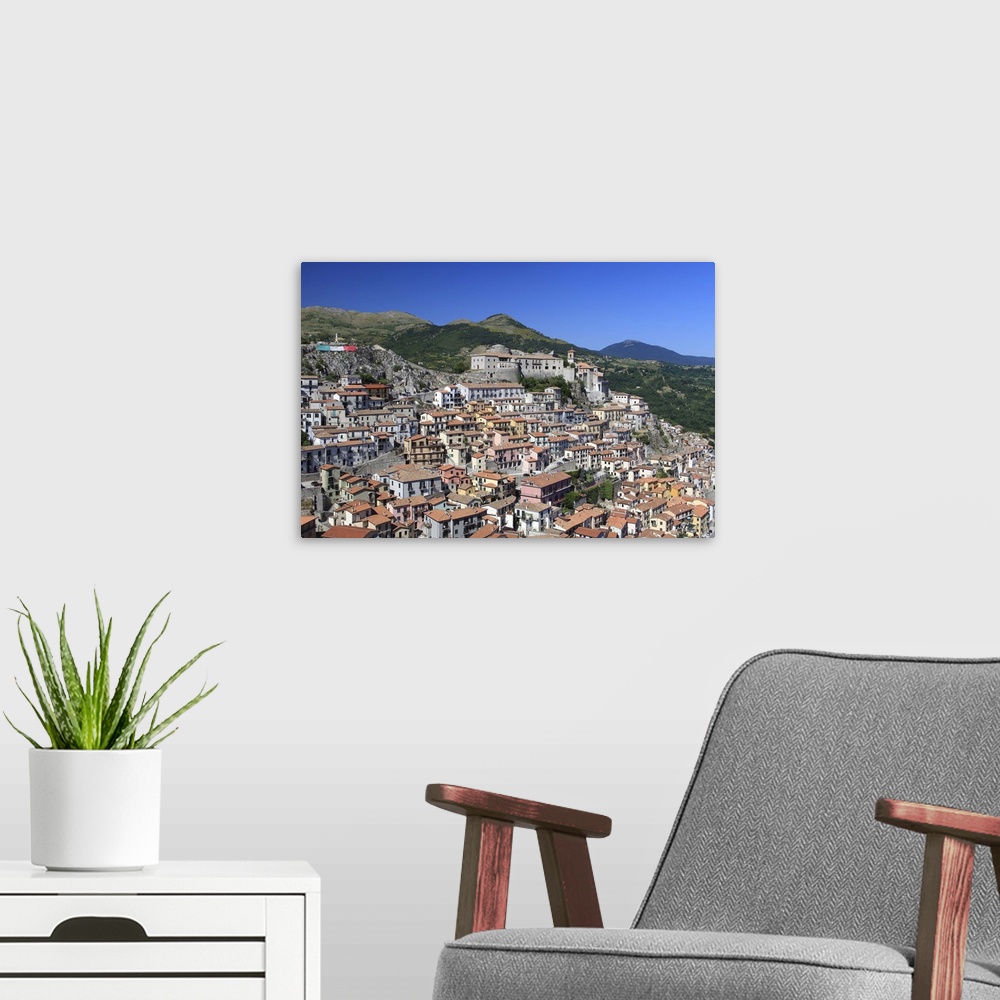 A modern room featuring Italy, Basilicata, Muro Lucano, A view of the town and the medieval castle