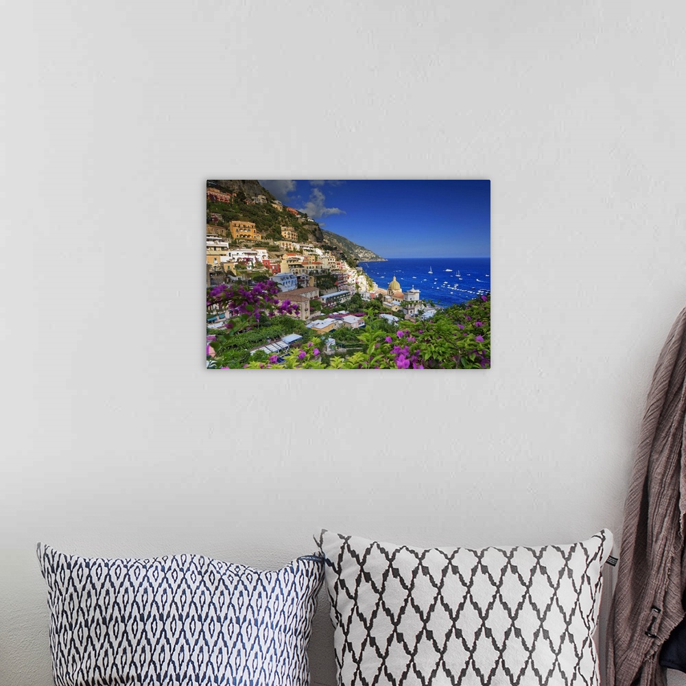 A bohemian room featuring Italy, Campania, Amalfi Coast, Positano, Positano village at sunset