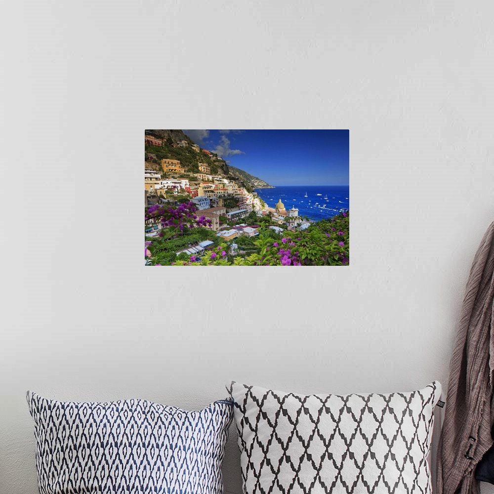A bohemian room featuring Italy, Campania, Amalfi Coast, Positano, Positano village at sunset