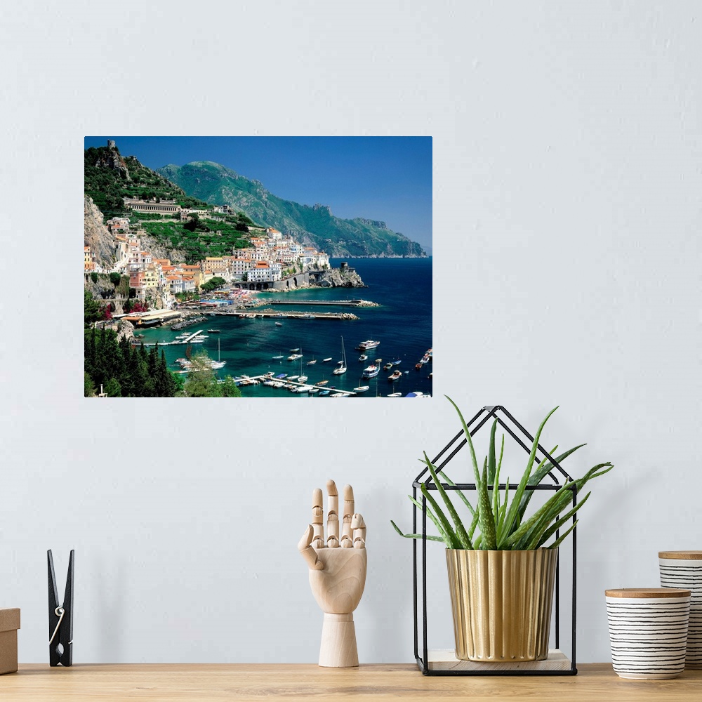 A bohemian room featuring Italy, Campania, Amalfi Coast view over town and harbor