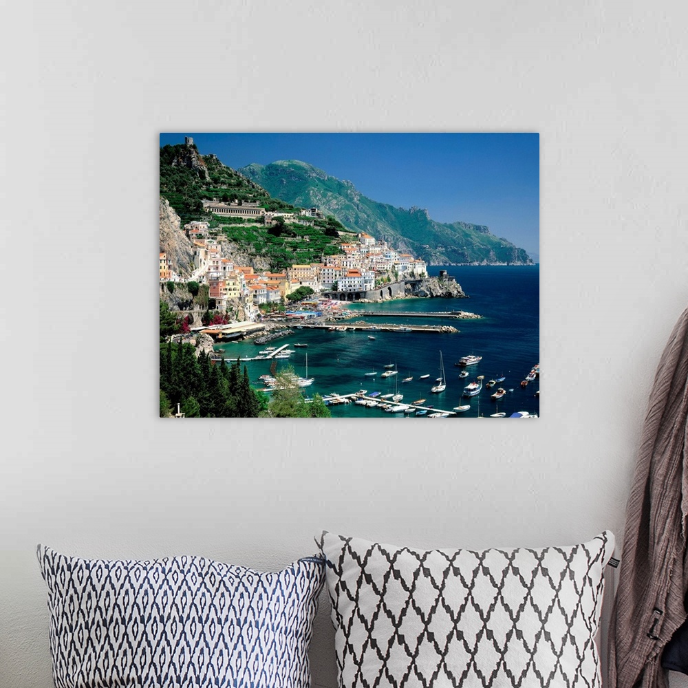 A bohemian room featuring Italy, Campania, Amalfi Coast view over town and harbor