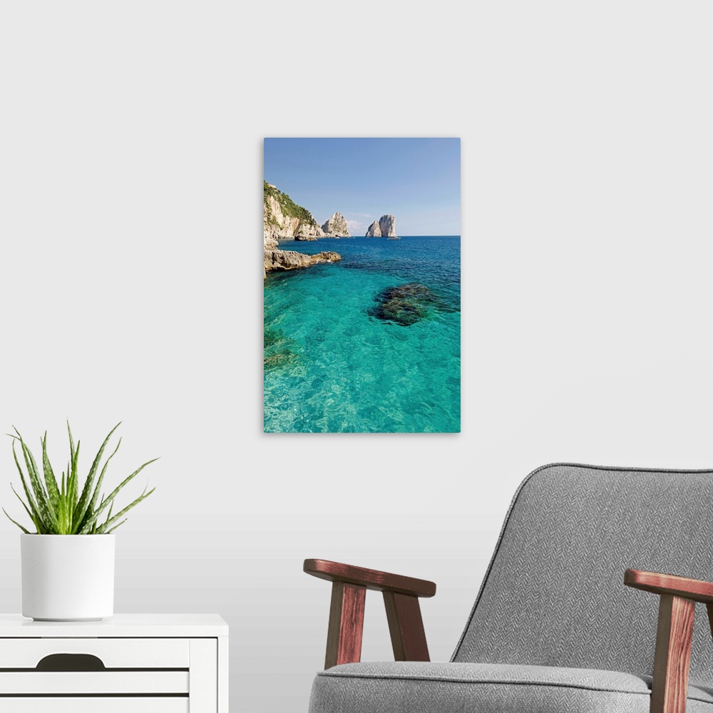 A modern room featuring Italy, Campania, Capri, Marina Piccola beach, view towards Faraglioni