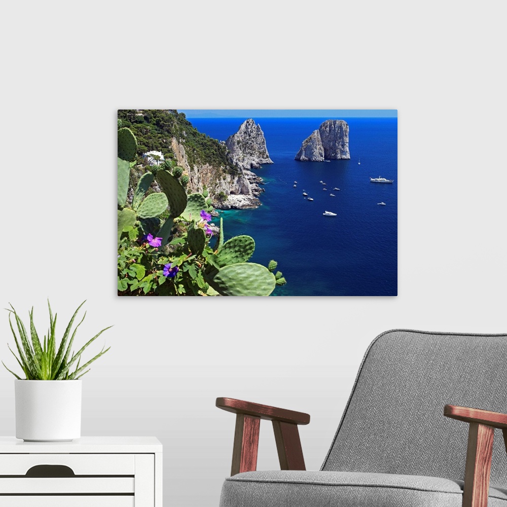 A modern room featuring Italy, Campania, Mediterranean sea, Tyrrhenian coast, Napoli district, Capri, The Faraglioni