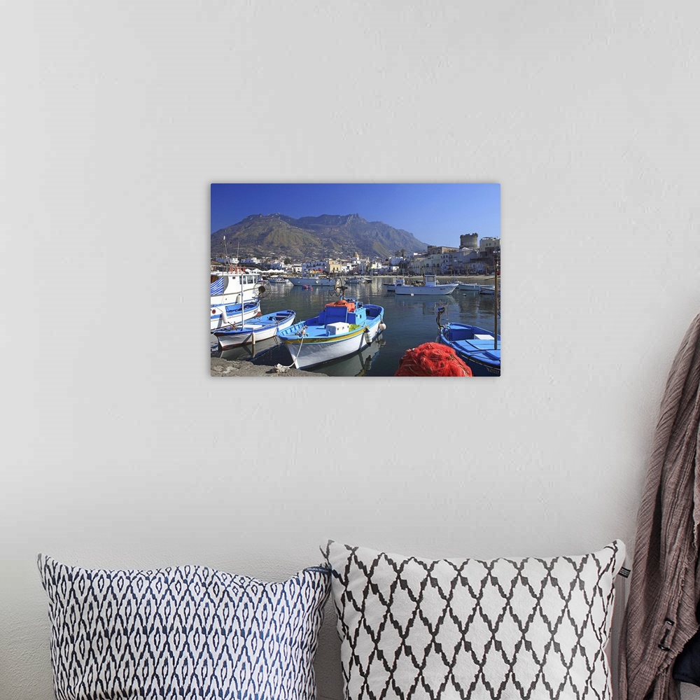 A bohemian room featuring Italy, Campania, Ischia Island, Forio, View of the harbor and Mount Epomeo