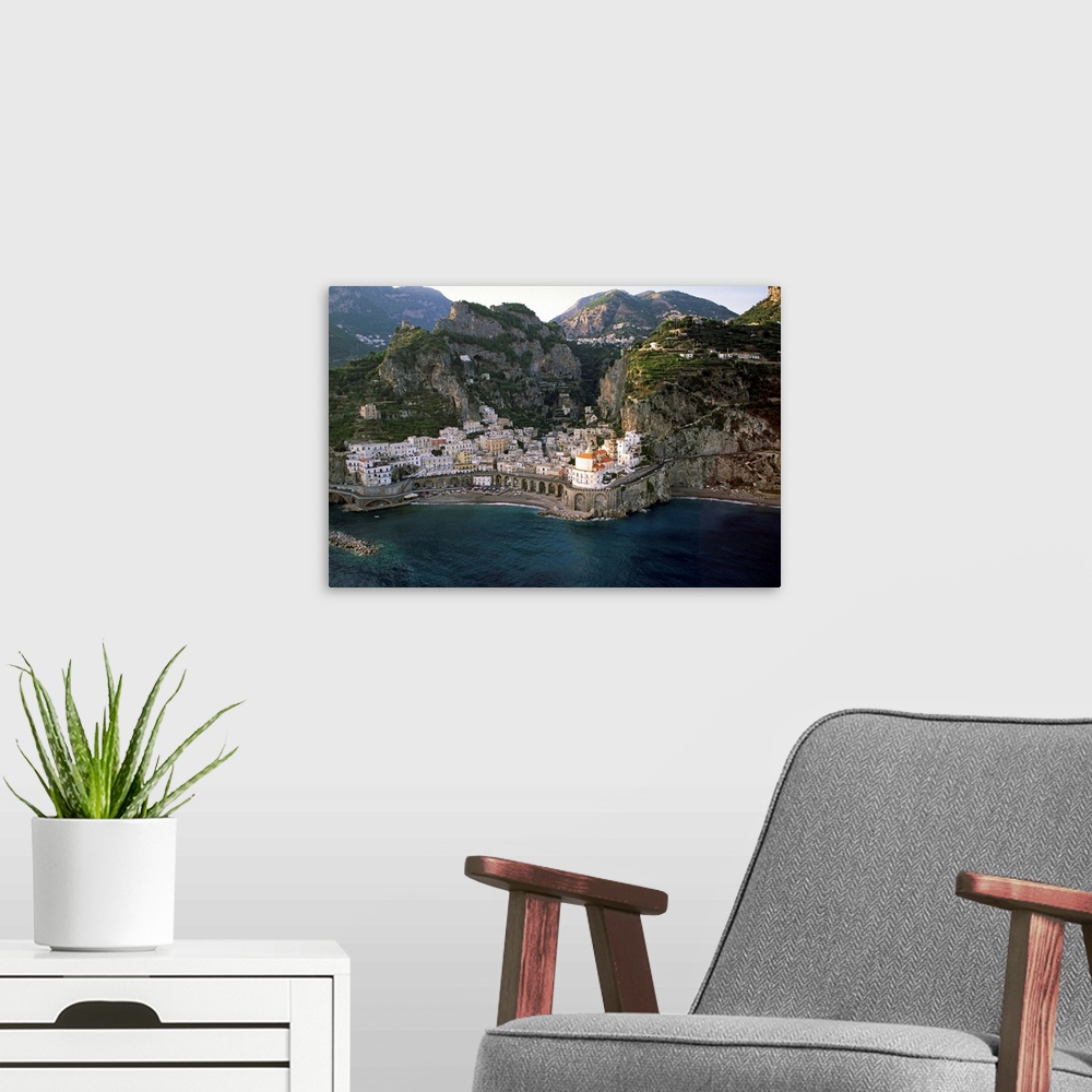 A modern room featuring Italy, Campania, Peninsula of Sorrento, Atrani, Air view of the town