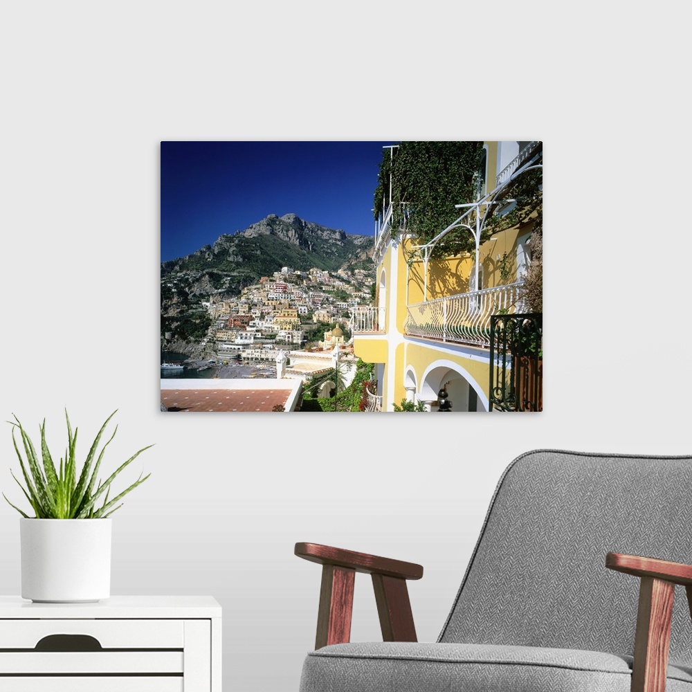 A modern room featuring Italy, Campania, Positano, view of town, Amalfi coast