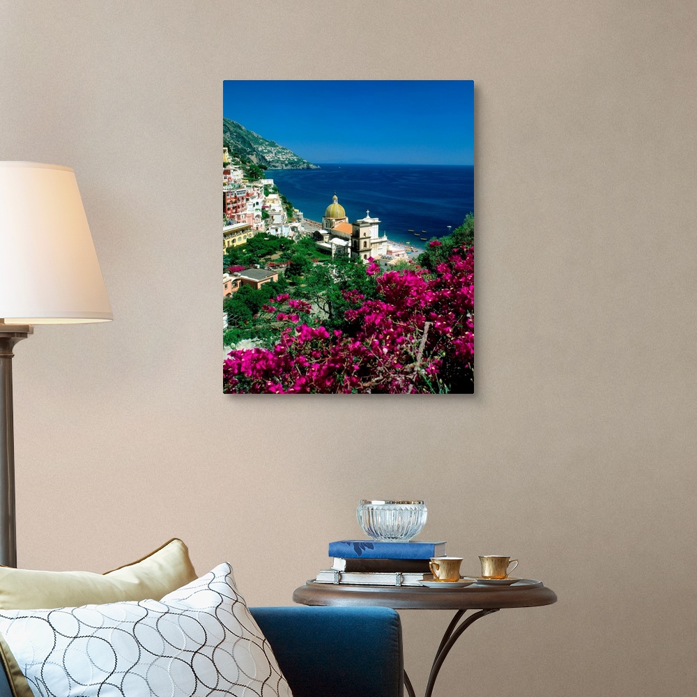 A traditional room featuring Italy, Campania, Positano, view over town and coast, Amalfi coast