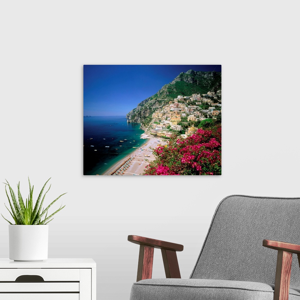 A modern room featuring Italy, Campania, Positano, view over town and coast, Amalfi coast