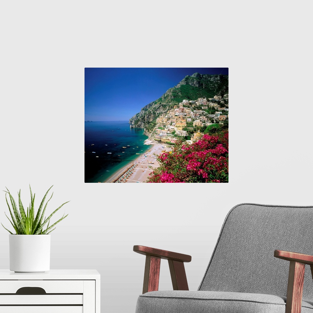 A modern room featuring Italy, Campania, Positano, view over town and coast, Amalfi coast