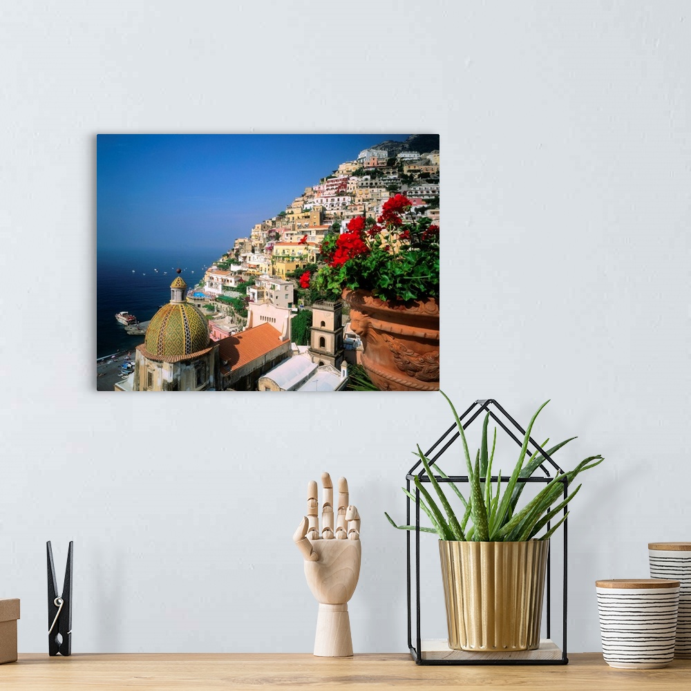 A bohemian room featuring Italy, Campania, Positano, view towards the town
