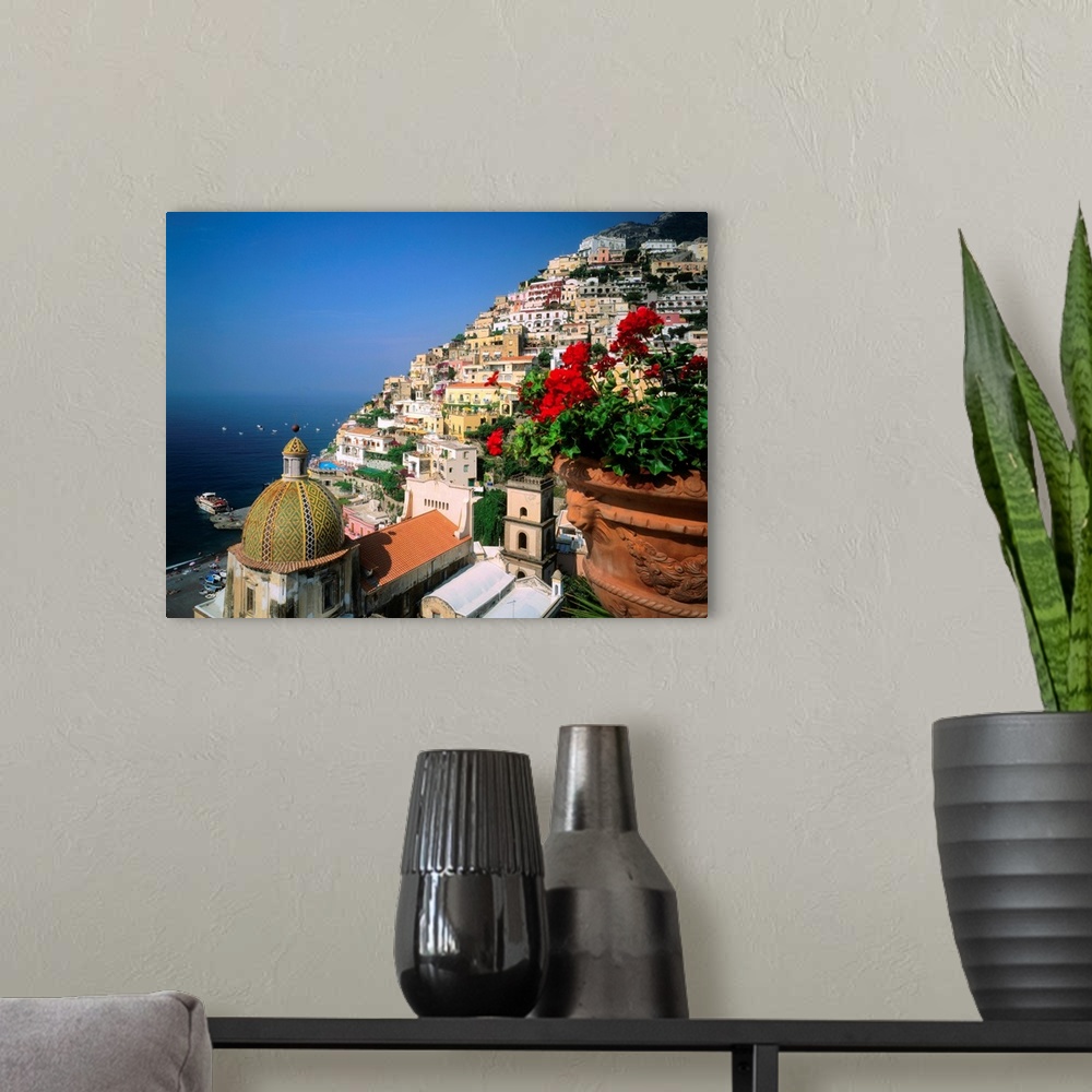A modern room featuring Italy, Campania, Positano, view towards the town