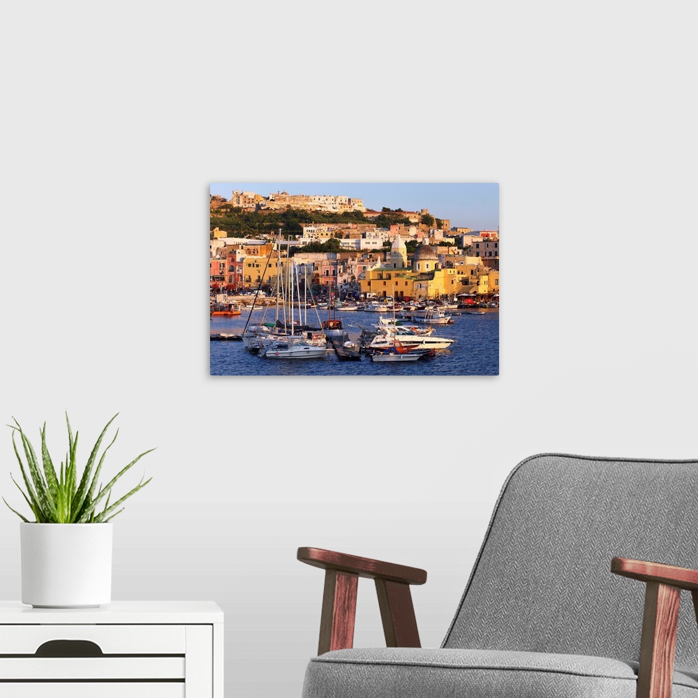 A modern room featuring Italy, Campania, Mediterranean sea, Tyrrhenian coast, Napoli district, Procida, Marina Grande, ha...