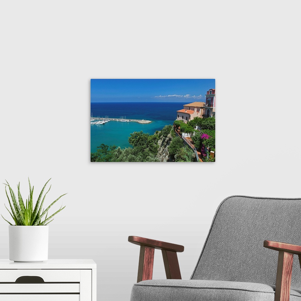A modern room featuring Italy, Campania, Salerno district, Cilento, Agropoli, View of the port and the city
