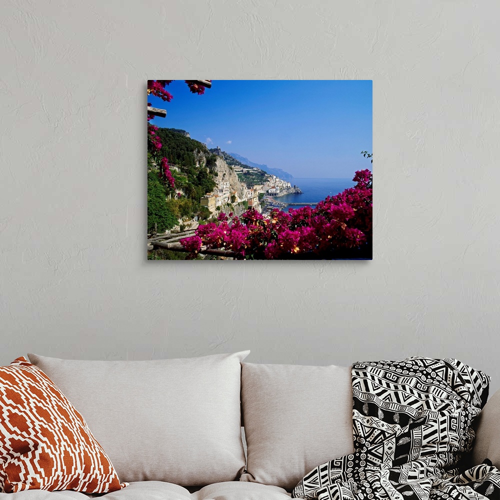 A bohemian room featuring Italy, Campania, Tyrrhenian coast, Peninsula of Sorrento, Amalfi, View of the village