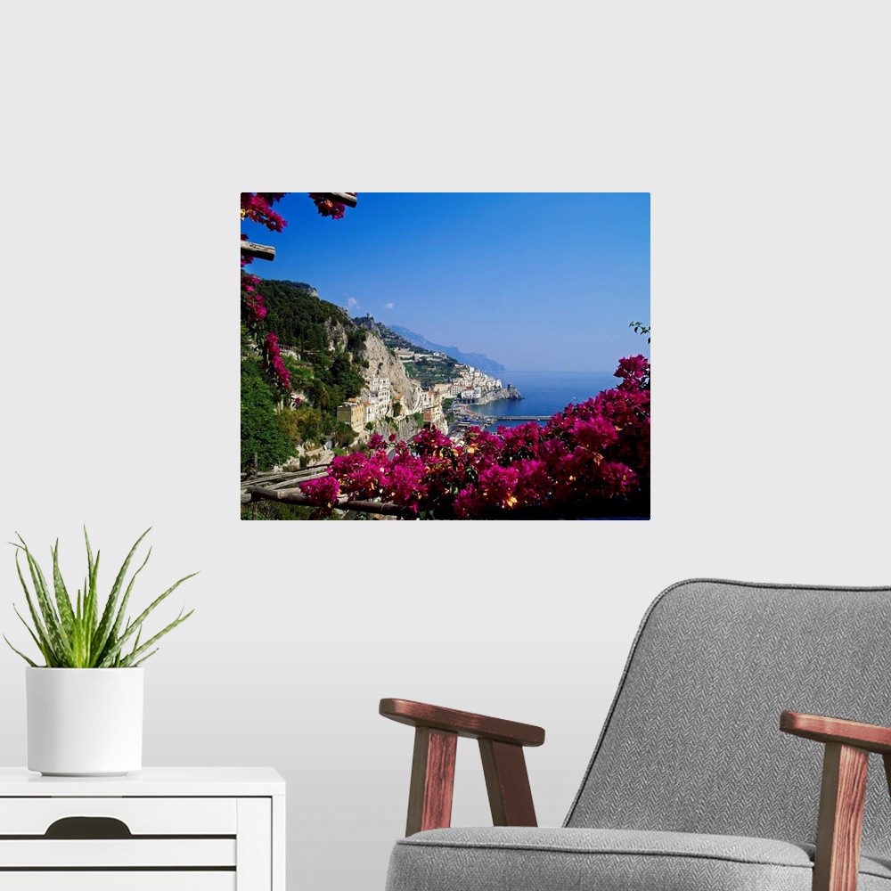 A modern room featuring Italy, Campania, Tyrrhenian coast, Peninsula of Sorrento, Amalfi, View of the village