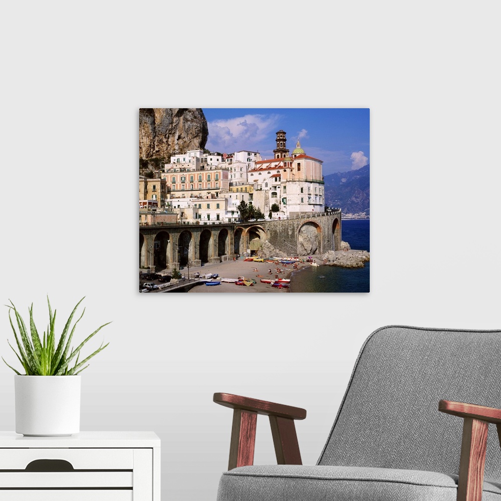 A modern room featuring Italy, Campania, Tyrrhenian coast, Peninsula of Sorrento, Atrani, View of the village