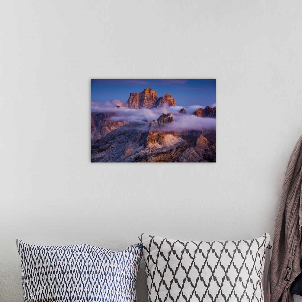 A bohemian room featuring Italy, Veneto, Cortina d'Ampezzo, View from Lagazuoi refuge, Averau and Pelmo mountains at sunset.