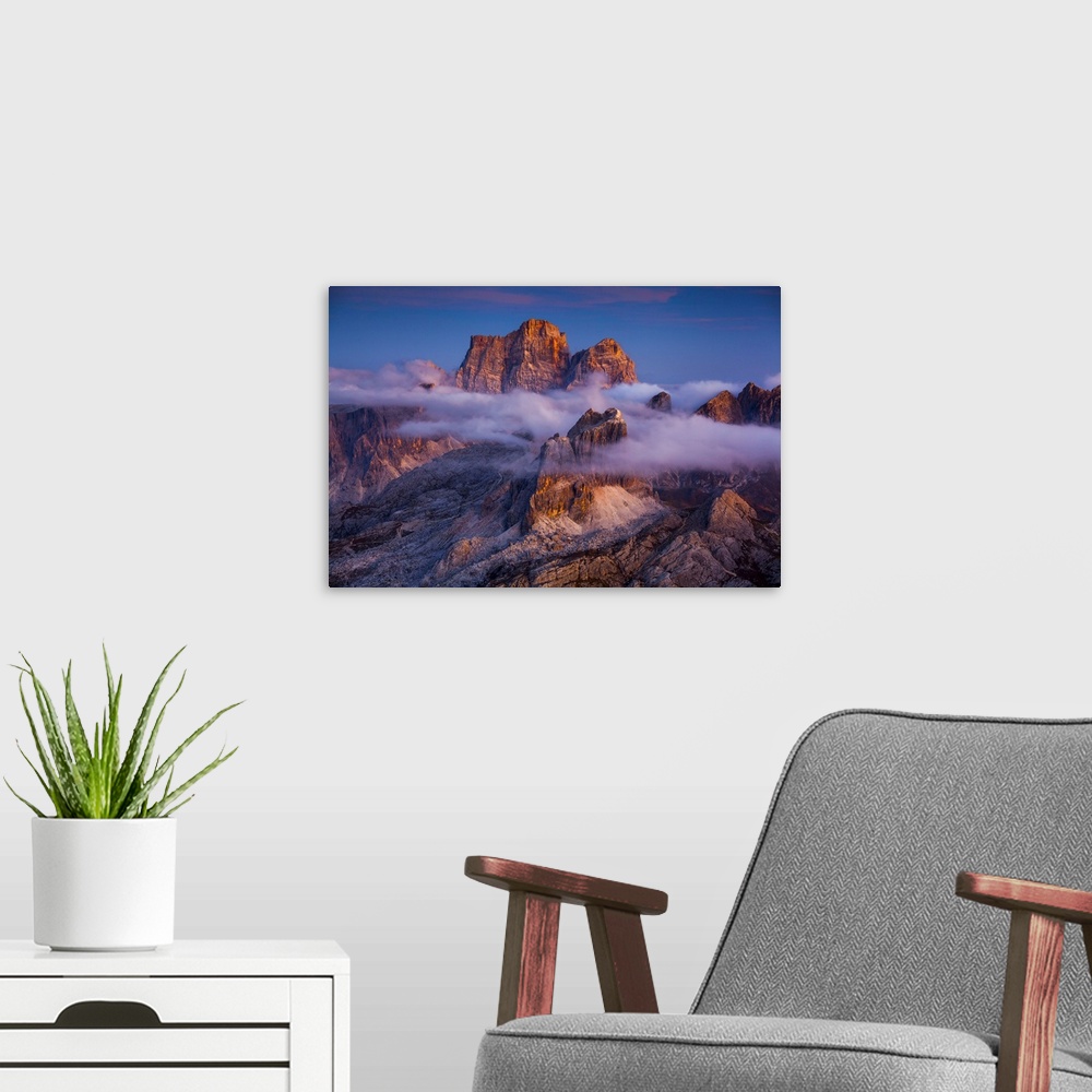 A modern room featuring Italy, Veneto, Cortina d'Ampezzo, View from Lagazuoi refuge, Averau and Pelmo mountains at sunset.