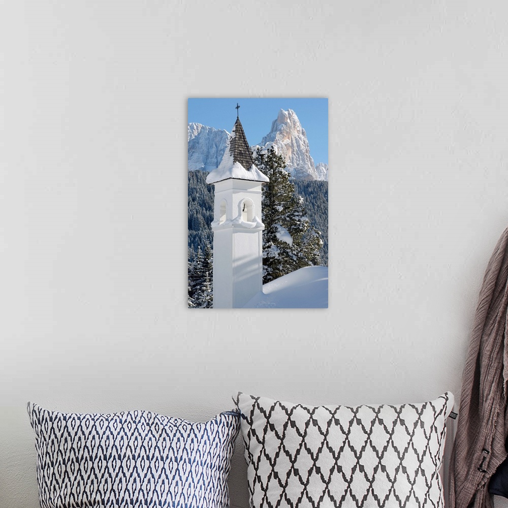 A bohemian room featuring Italy, Dolomites, church and Pale di San Martino range in background