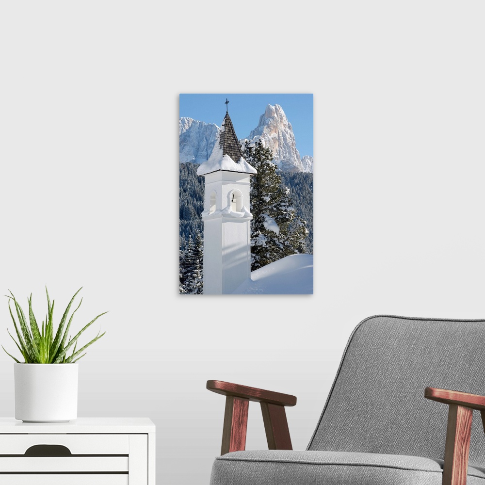 A modern room featuring Italy, Dolomites, church and Pale di San Martino range in background