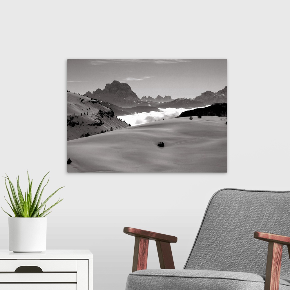 A modern room featuring Italy, Dolomites, Mount Pelmo, view from Passo Campolongo