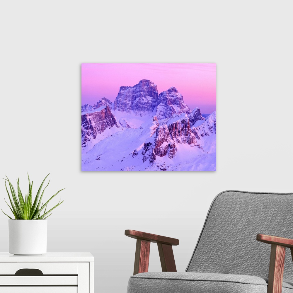A modern room featuring Italy, Dolomites, Pelmo, Mount Pelmo, sunset