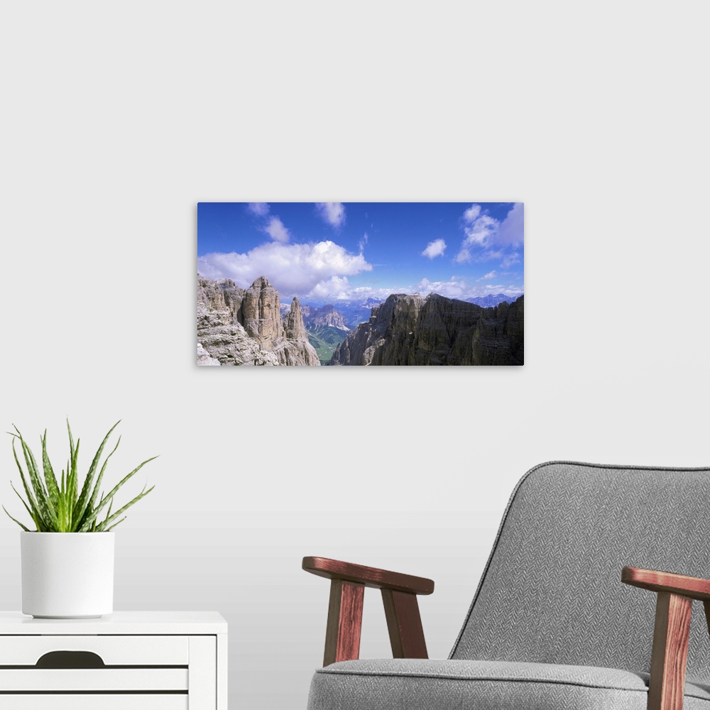 A modern room featuring Italy, Dolomites, Sella, view towards Val de Mesdi, Colfosco and Sassongher