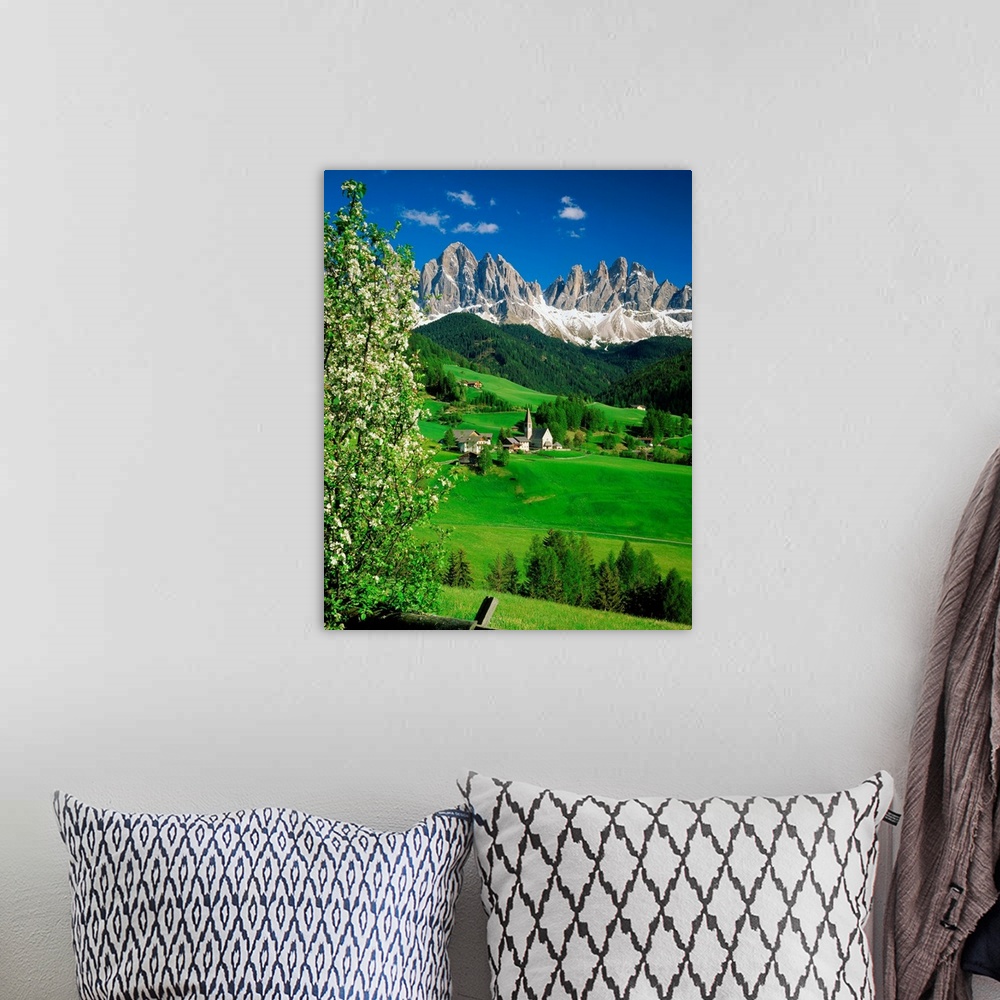 A bohemian room featuring Italy, Dolomites, Val di Funes, Santa Maddalena village, view towards the Odle Range