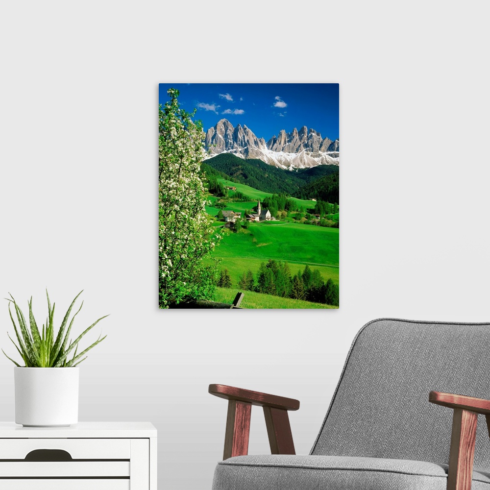 A modern room featuring Italy, Dolomites, Val di Funes, Santa Maddalena village, view towards the Odle Range