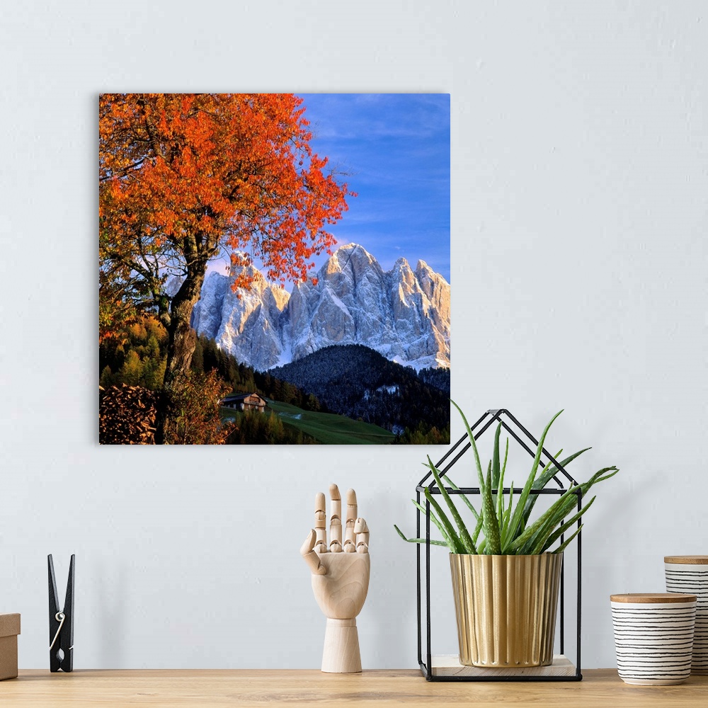 A bohemian room featuring Italy, Dolomites, Val di Funes, view towards the Odle Range (Geisler Gruppe)