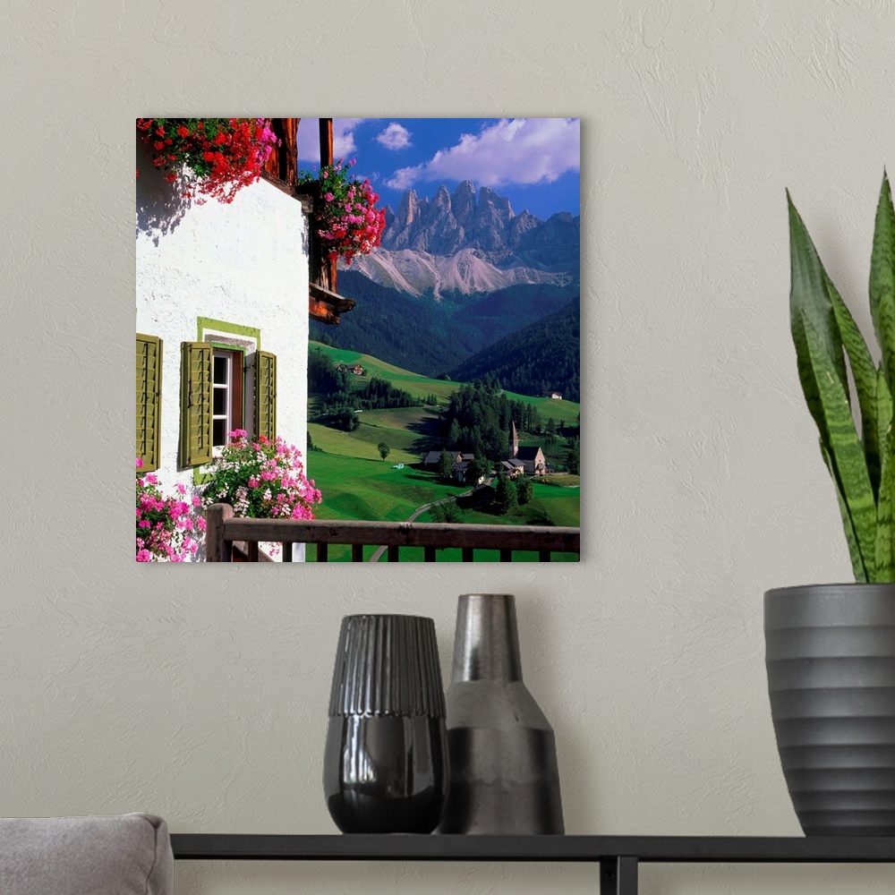 A modern room featuring Italy, Dolomites, Val di Funes, view towards the Odle Range (Geisler Gruppe)