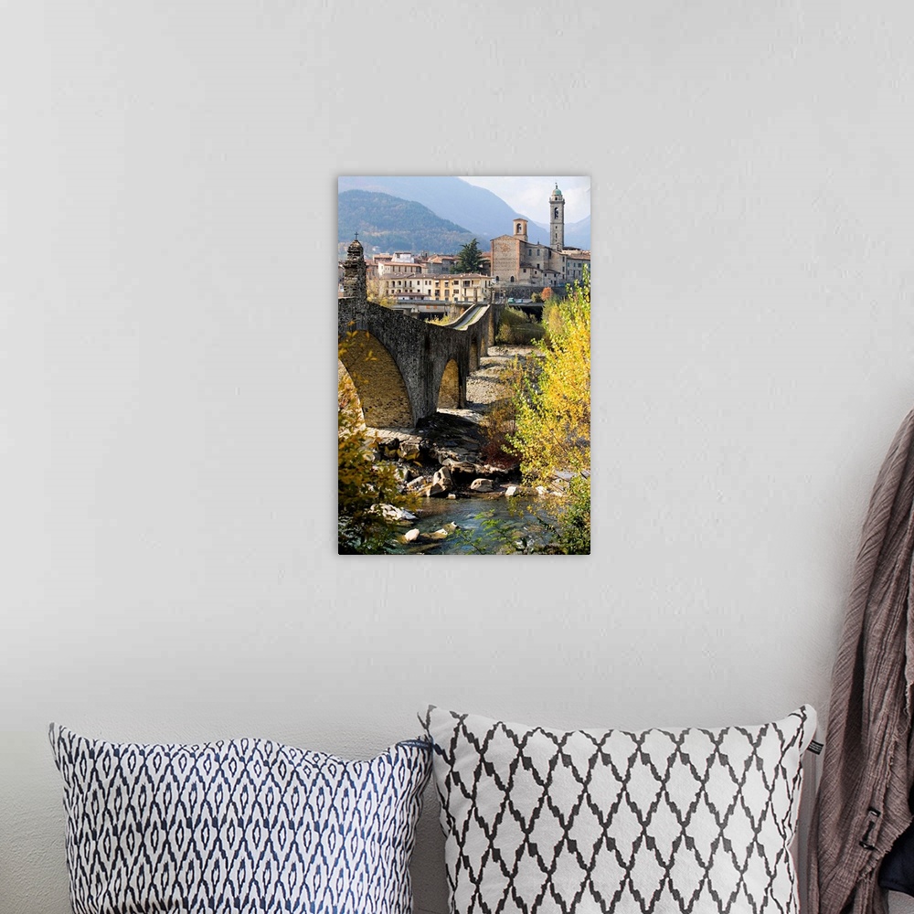 A bohemian room featuring Italy, Italia, Emilia-Romagna, Bobbio town, Gobbo bridge on Trebbia river