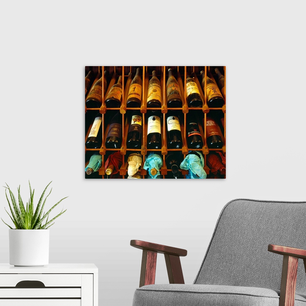 A modern room featuring Italy, Emilia Romagna, Ferrara, Enoteca 'Al Brindisi' wine bottles
