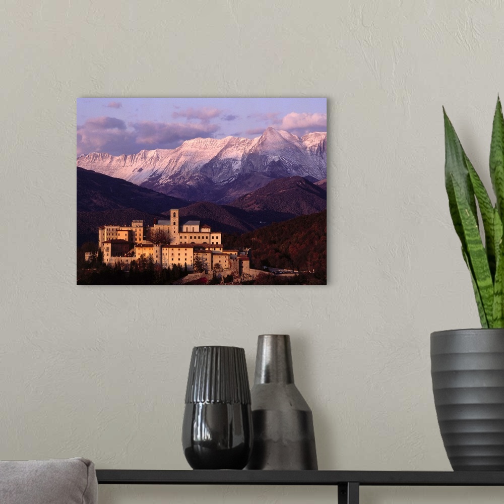 A modern room featuring Italy, Friuli, Julian Alps, Castelmonte sanctuary towards Julian Alps