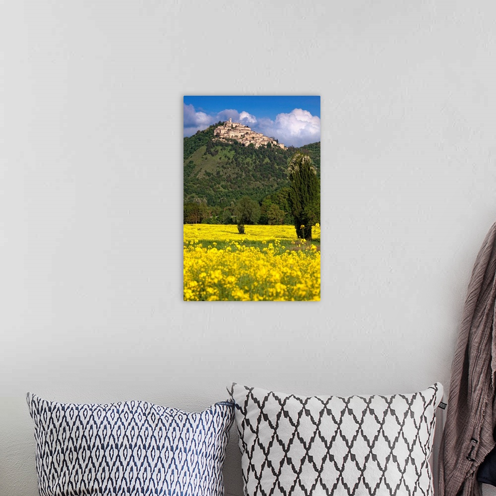 A bohemian room featuring Italy, Labro, View of the town with a field of canola flowers in the foreground