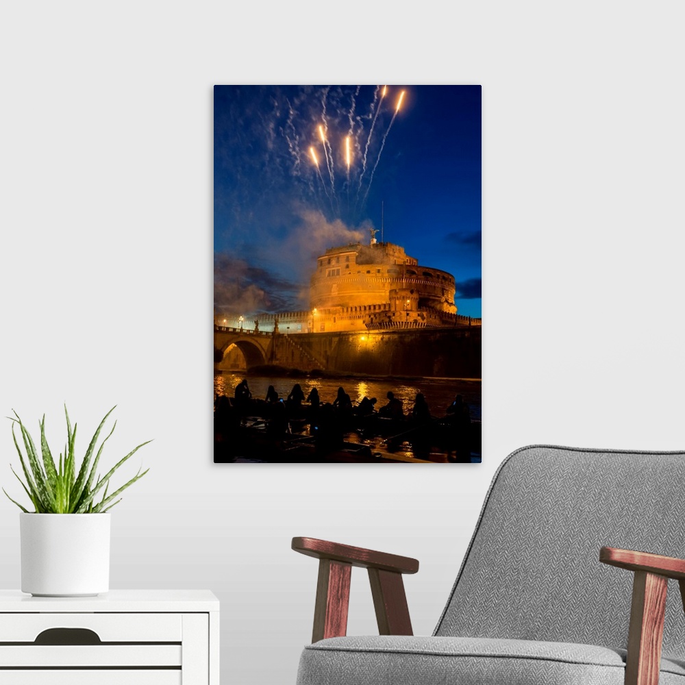 A modern room featuring Italy, Latium, Roma district, Rome, Mausoleum of Hadrian, Fireworks at the Castel Sant'Angelo (Ma...