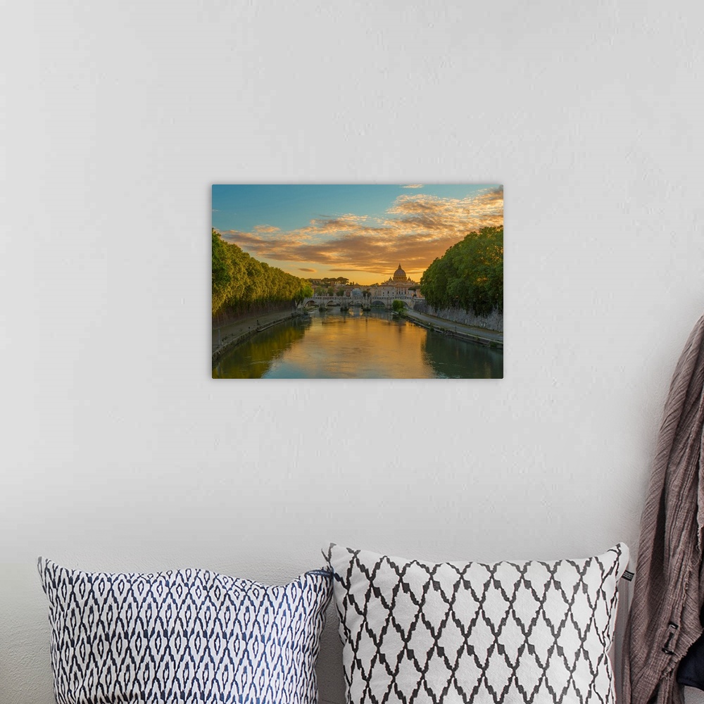 A bohemian room featuring Italy, Latium, Roma district, Rome, St Peter's Basilica, Basilica and Tevere river at sunset