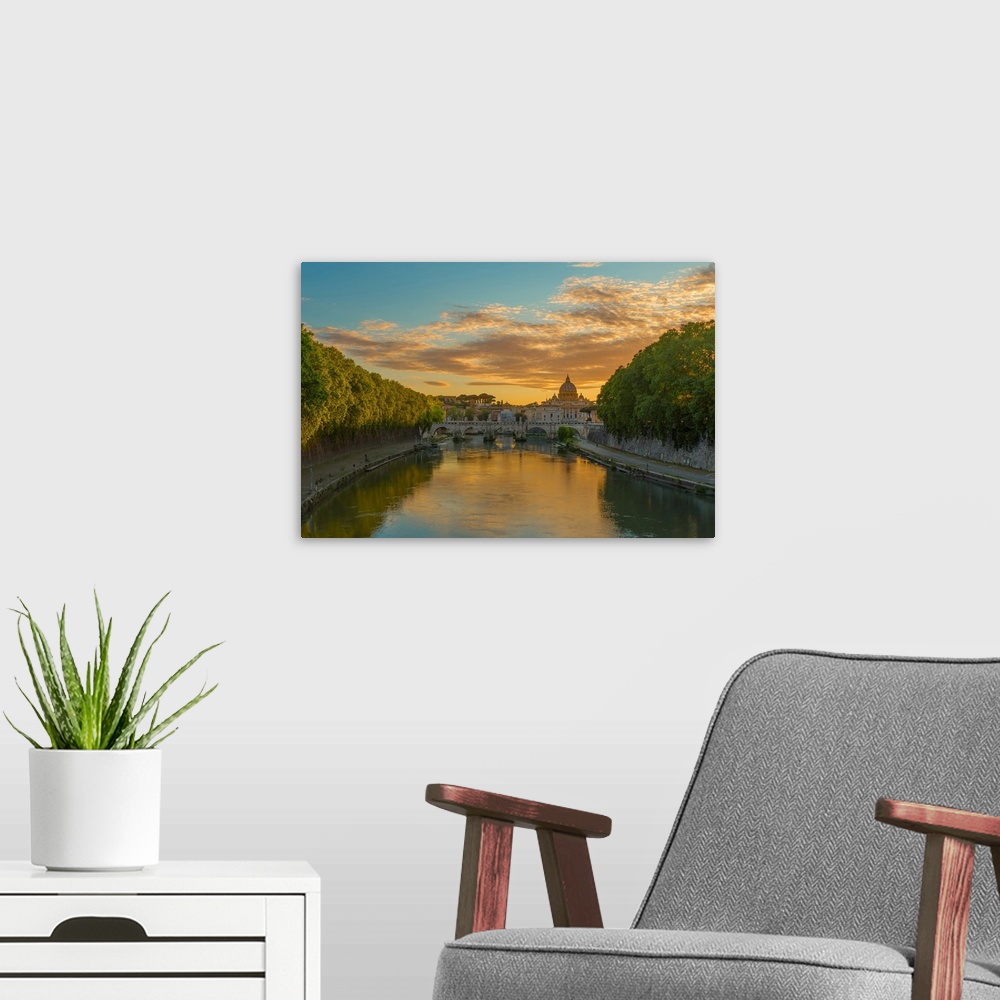 A modern room featuring Italy, Latium, Roma district, Rome, St Peter's Basilica, Basilica and Tevere river at sunset