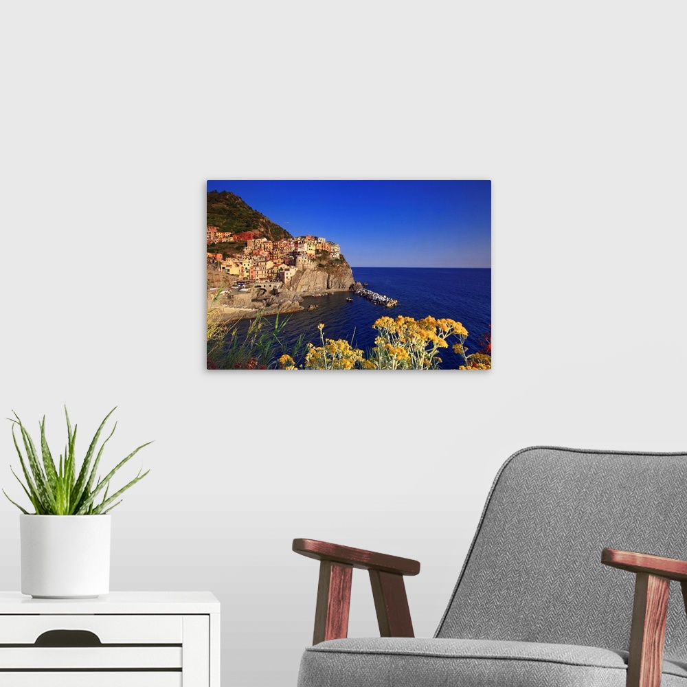 A modern room featuring Italy, Liguria, Cinque Terre, Manarola, spring afternoon, flowerings of the village
