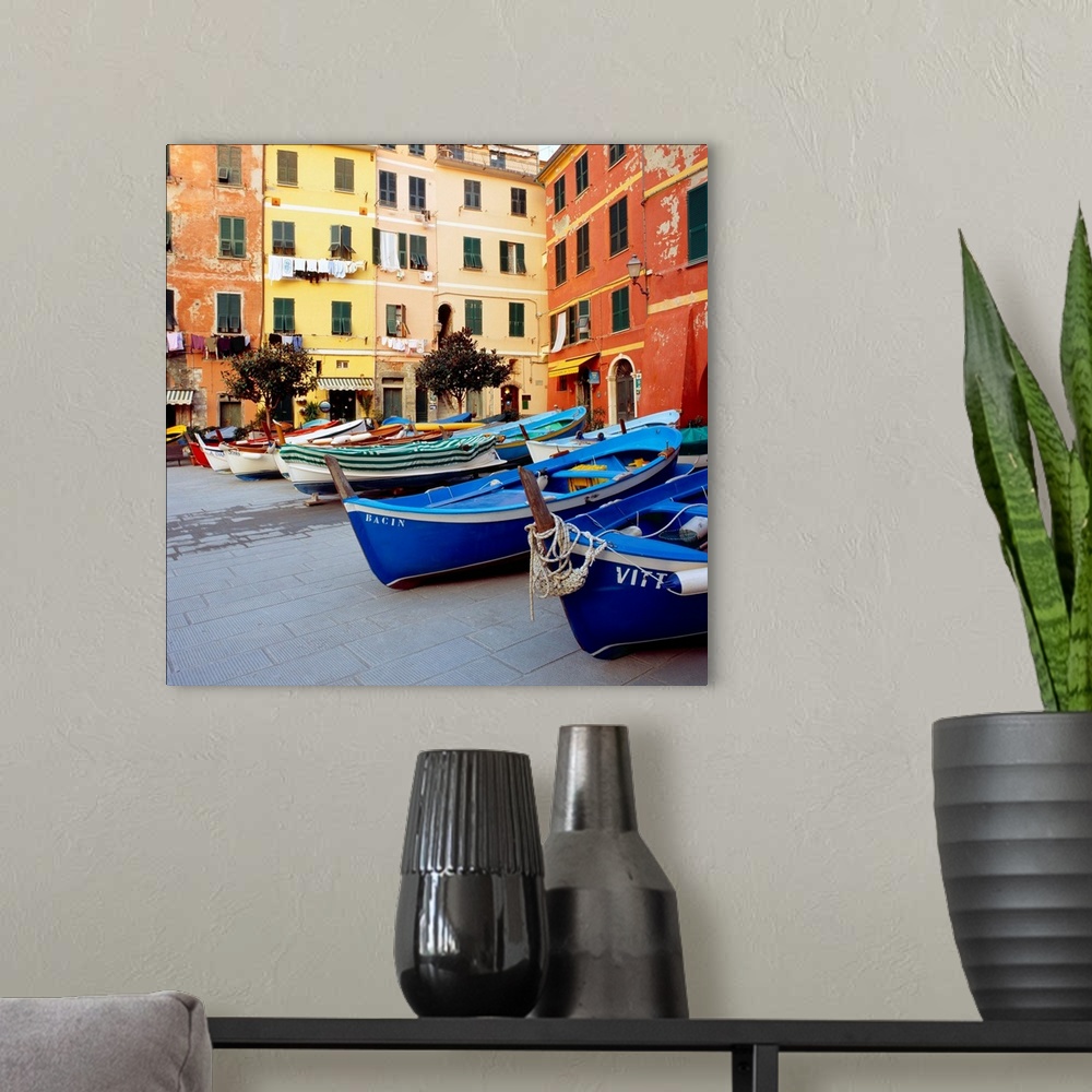 A modern room featuring Italy, Liguria, Cinque Terre, Vernazza, fishing boats