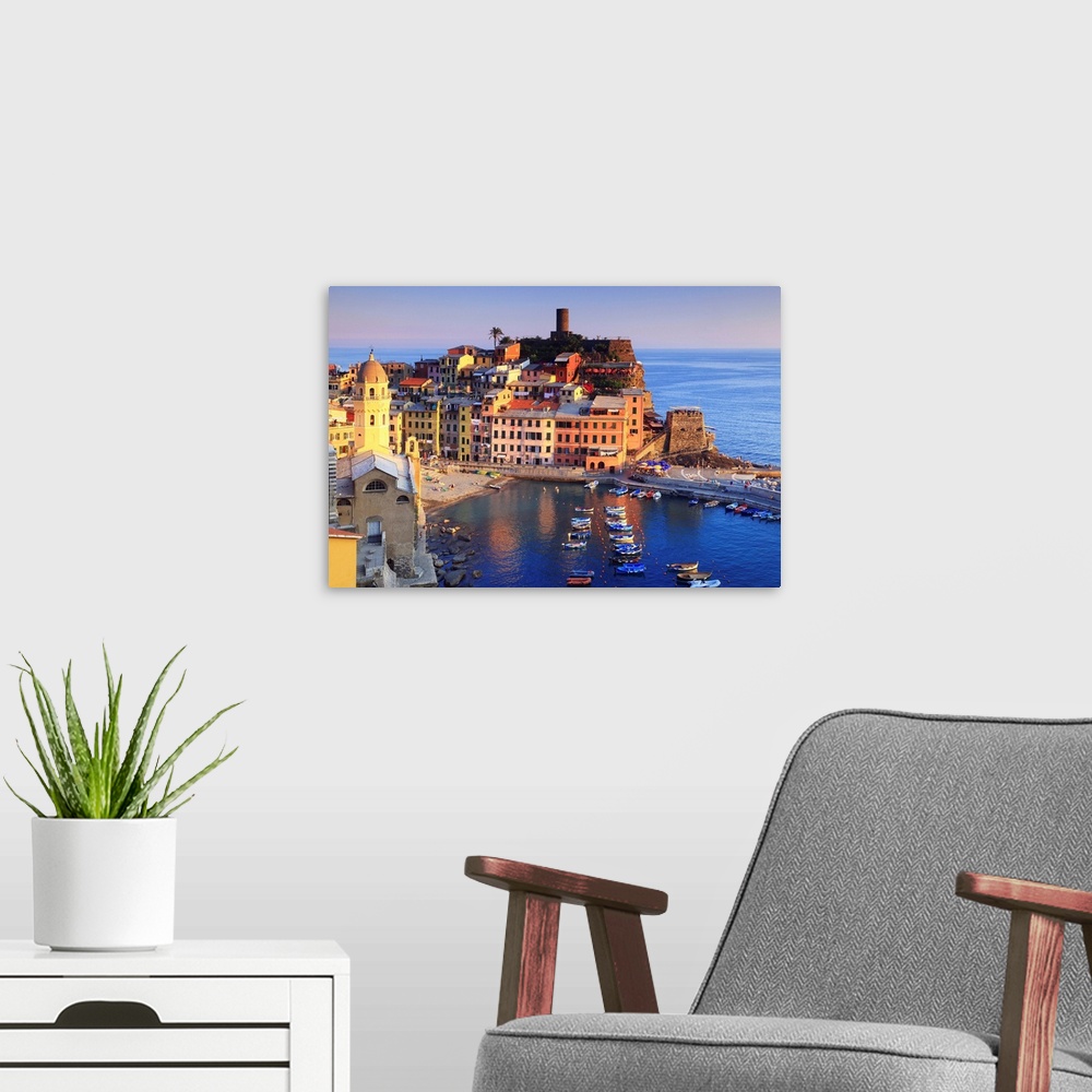 A modern room featuring Italy, Liguria, Ligurian sea, Italian Riviera, Cinque Terre, Vernazza, summer sunset