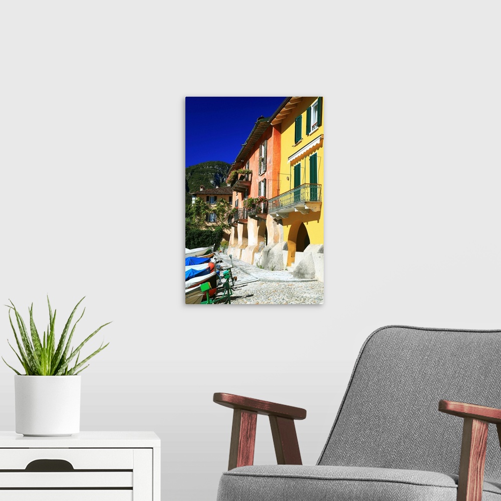 A modern room featuring Italy, Lombardy, Mediterranean area, Lecco district, Como Lake, Mandello del Lario, The coloured ...