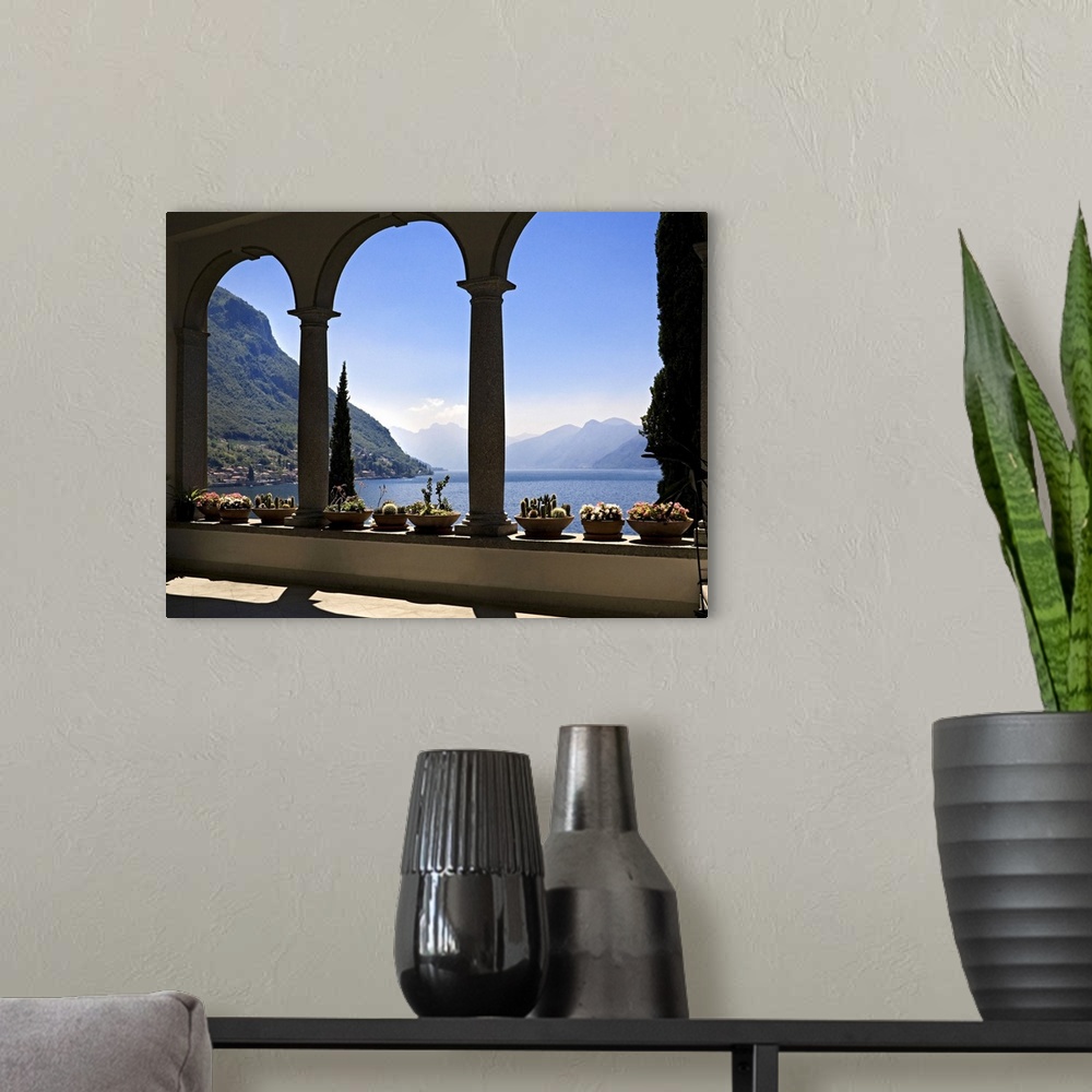 A modern room featuring Italy, Lombardy, Como Lake, Varenna, View of the lake from Villa Monastero