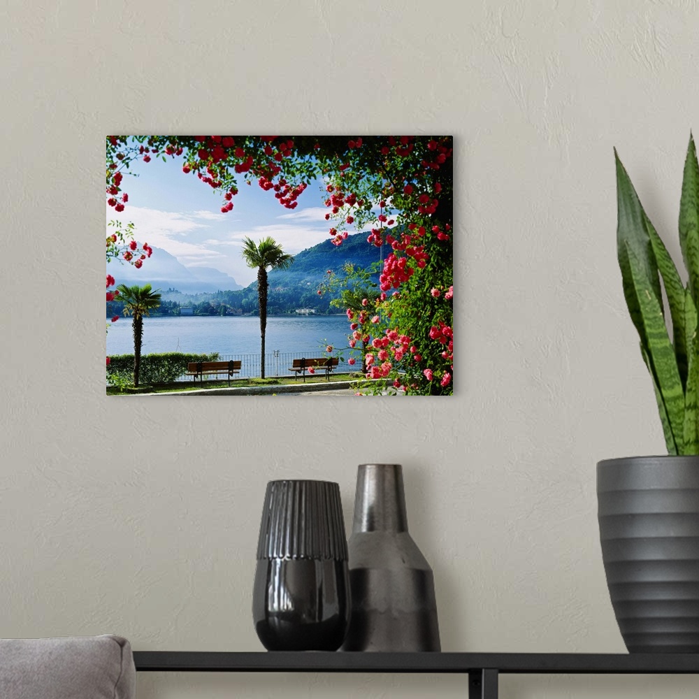 A modern room featuring Italy, Lombardy, Como Lake, View of the lake near Tremezzo town
