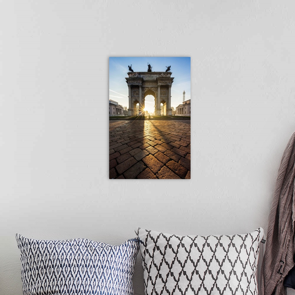 A bohemian room featuring Italy, Lombardy, Milano district, Milan, Porta Sempione or Arco della Pace at sunrise.