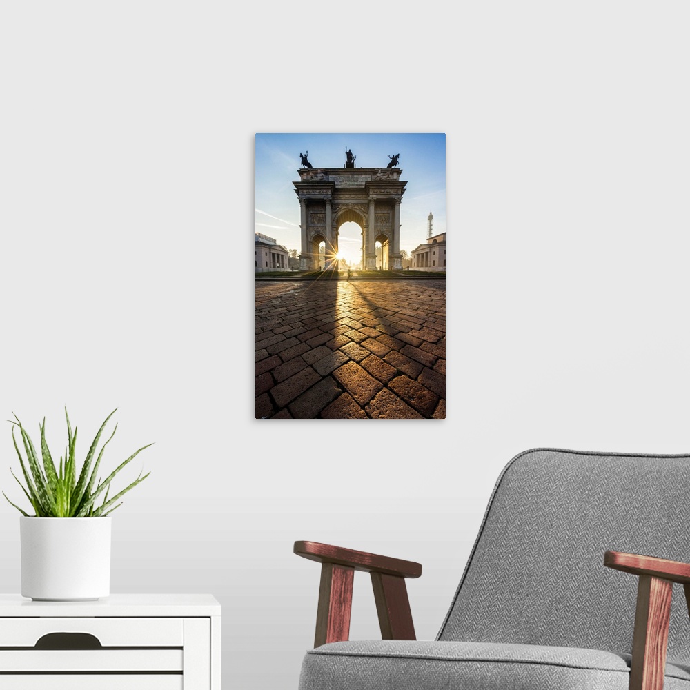 A modern room featuring Italy, Lombardy, Milano district, Milan, Porta Sempione or Arco della Pace at sunrise.
