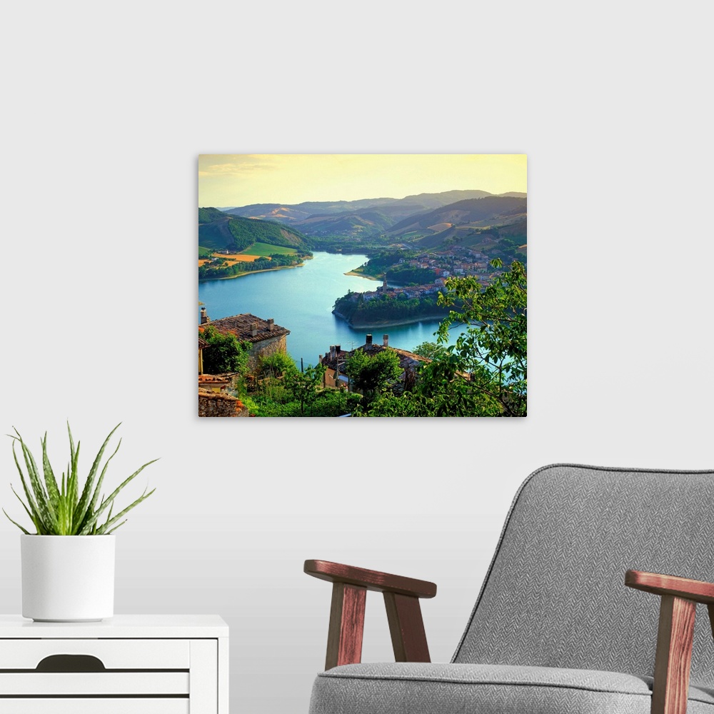 A modern room featuring Italy, Marche, Mercatale lake, view from Sassocorvaro village