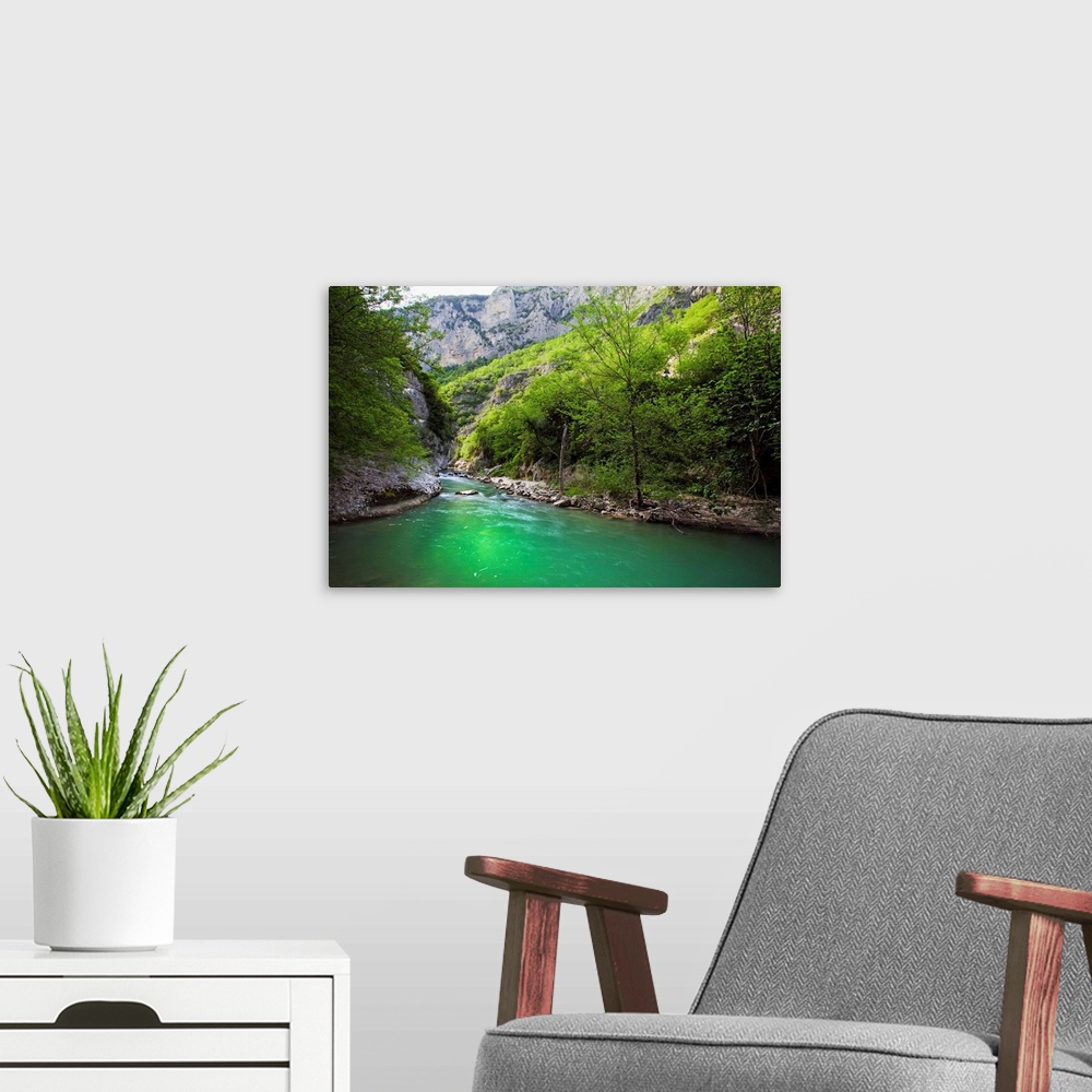 A modern room featuring Italy, Marches, Ancona district, Genga, Esino river running through the mountains