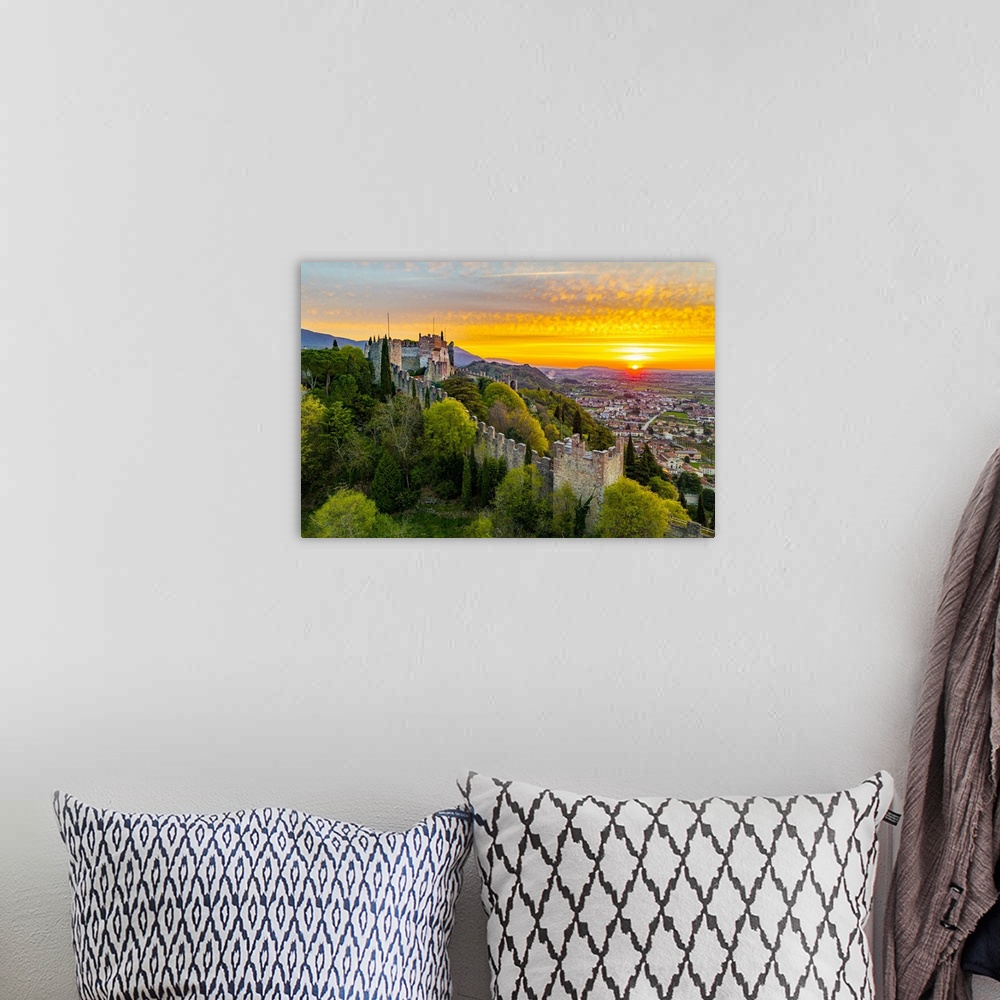 A bohemian room featuring Italy, Veneto, Vicenza district, Marostica, Aerial view of the Castle and the walled city of Maro...