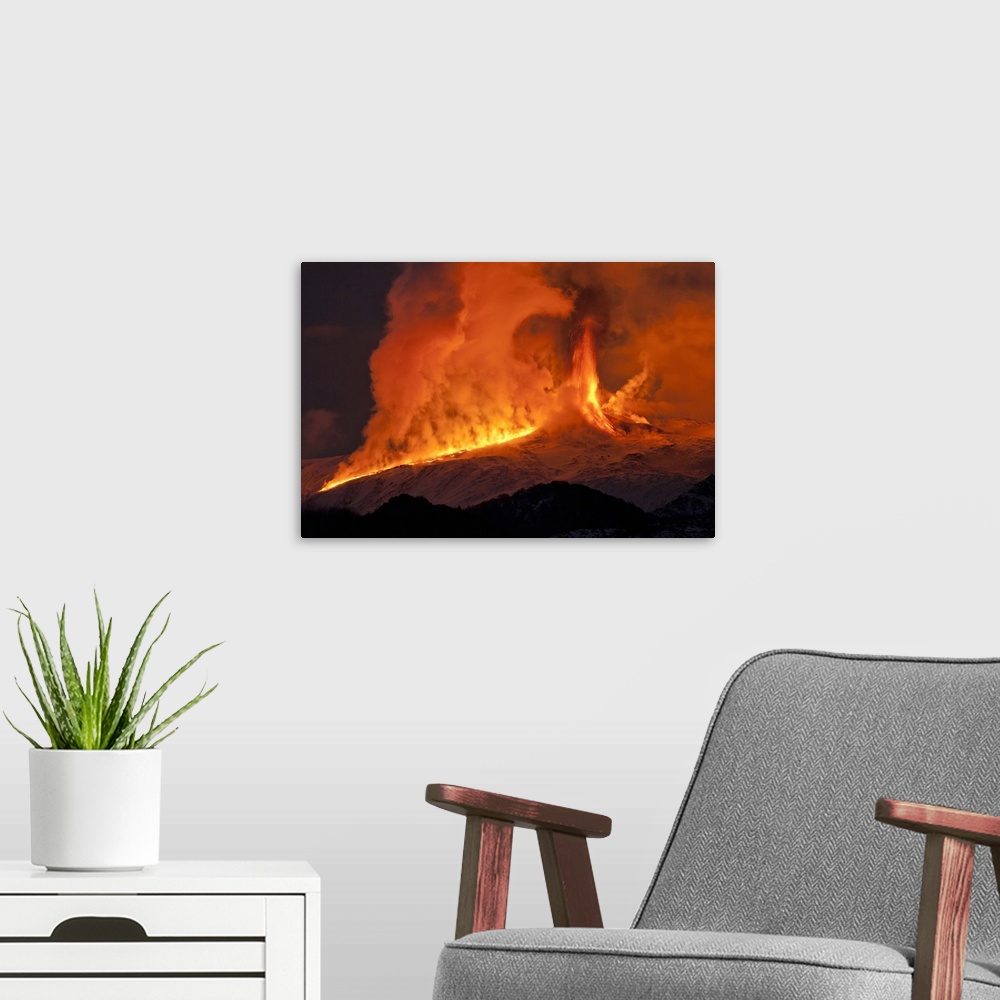 A modern room featuring Italy, Sicily, Catania district, Mount Etna, Etna 2nd paroxysm activity of 2012, a lava flow meet...